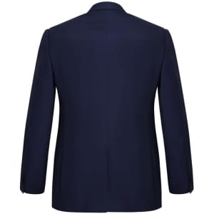A navy two-button jacket with a tailored fit, featuring a classic blazer style and a logo on the back.