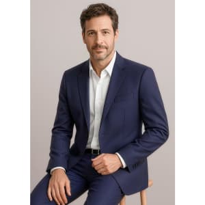 A navy two-button blazer jacket on a seated model, featuring a tailored fit and a pocket on the left side.