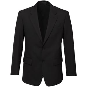 A classic black two-button jacket made from comfortable wool stretch fabric, featuring a notched lapel and pockets.