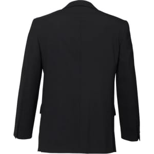 A black wool stretch blazer jacket featuring a two-button design and classic silhouette. The back has a clean finish.