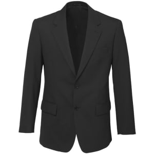 A black men's comfort wool stretch 2 button classic jacket featuring two front pockets and a branding logo.