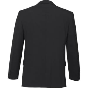 A black men's comfort wool stretch jacket featuring a classic two-button design and a rear view.