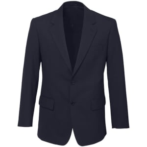 A classic navy blue men's blazer featuring a two-button closure and front pockets, with a logo on the inside.