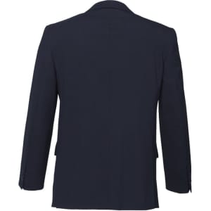 A navy blue men's comfort wool stretch jacket with a two-button design, showing the back view.