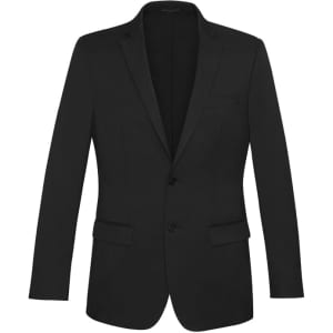 A black slimline jacket featuring a notched lapel, two front pockets, and a single-button closure.