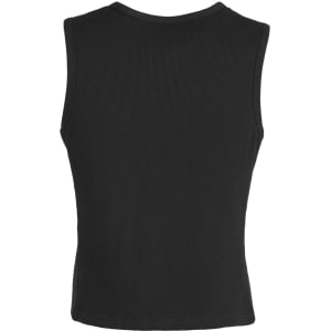 A black, ribbed men's peaked vest with a sleeveless design and a simple back view. It features a logo.