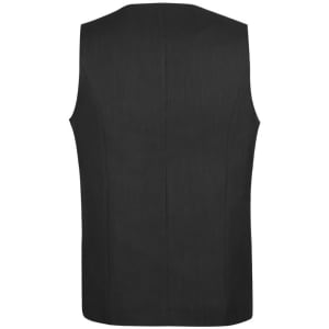 A black longline vest featuring a sleek design and back view. It includes a logo on the garment.
