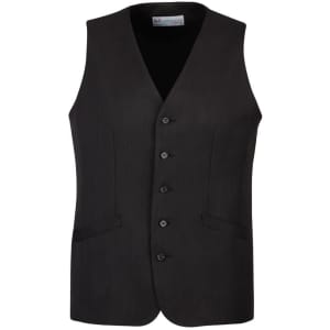 A black longline vest featuring a button front and side pockets, designed for men. It has a simple, sleek look.