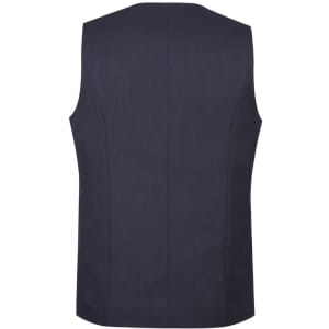A dark blue men's longline vest with a simple design and no sleeves, featuring a logo on the back.