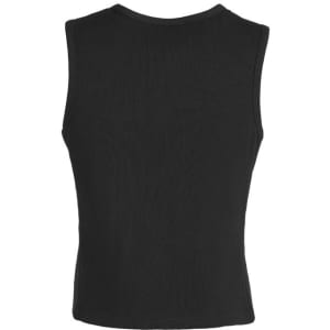 A black men's peaked vest featuring a ribbed texture and sleeveless design, with a logo on the back.