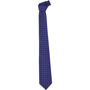 A navy tie with a spot pattern in pink and white, featuring a logo.