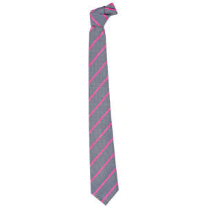 A grey tie with pink contrast stripes and a knotted design. It features a logo.
