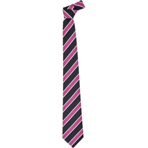 A men's tie featuring wide stripes in navy, pink, and white, with a branding logo.