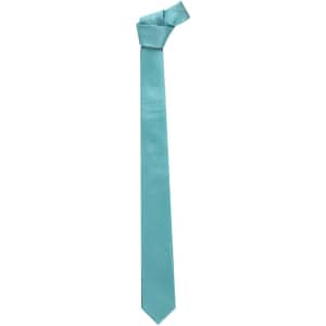 A slim monotone design tie in a light turquoise colour, featuring a branding logo.