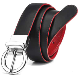 A black leather reversible belt with a red inner lining and a silver buckle. It features a logo on the buckle.
