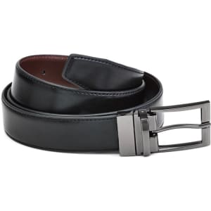 A black and brown reversible leather belt with a sleek silver buckle and branding detail.