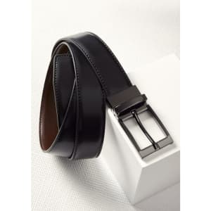 A reversible men's leather belt featuring a black exterior and a contrasting inner colour, with a metal buckle and logo.