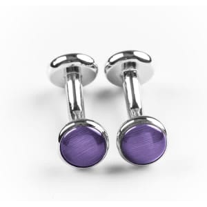 Purple, round cufflinks with a shiny silver finish, featuring a simple yet elegant design.