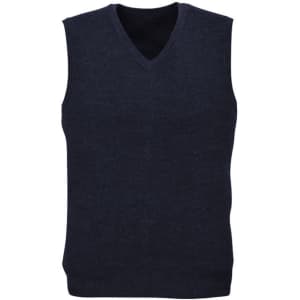 A dark navy sleeveless vest with a v-neck design and a textured finish. Features a logo on the front.