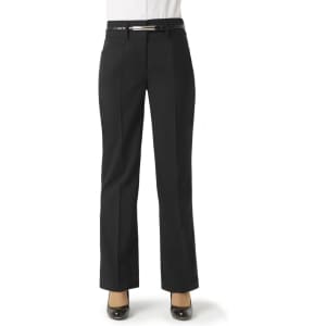 Classic bootleg pants in black, featuring a straight leg design and a waistband with a belt. Includes a logo.