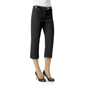 A pair of black 3/4 pants for women, styled with a belt and paired with high heels.