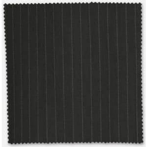 A swatch of dark green fabric featuring subtle pinstripes, perfect for suiting. Includes a logo on one edge.