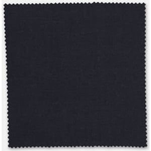 A square swatch of dark navy wool stretch suiting fabric with a textured finish and scalloped edges.