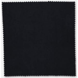 A square swatch of fabric in black with a zigzag edge, featuring a logo in the corner.