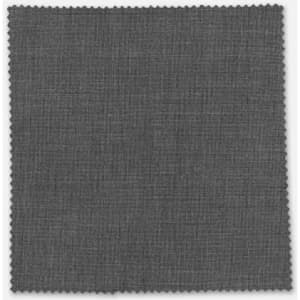 A textured grey fabric swatch, showcasing Rococo yarn dyeing, with a scalloped edge.