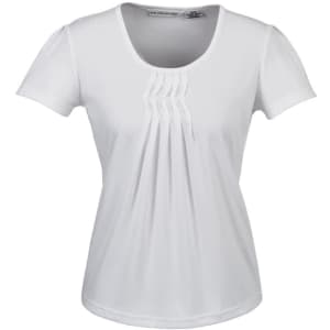 A white ladies' top featuring pleats on the front, with short sleeves and a round neckline. It has a logo.