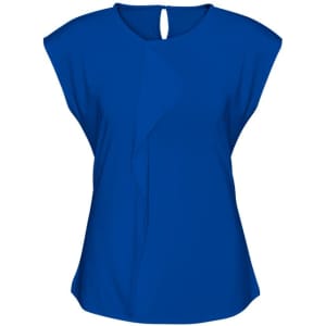 A blue women's top featuring a unique wrap design and cap sleeves. It includes a back keyhole detail and has a logo.