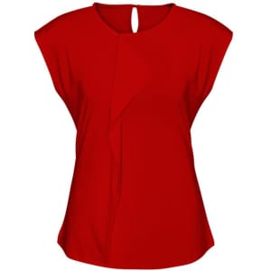 A red women's Mia top featuring a unique drape design and cap sleeves. The top has a keyhole back and includes branding.