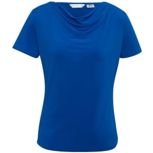 A blue women's top featuring a draped neckline and short sleeves, with a logo on the label.