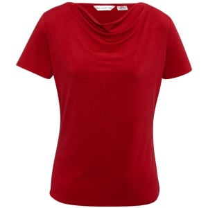 A red women's top with a draped neckline and short sleeves, featuring a logo on the label.
