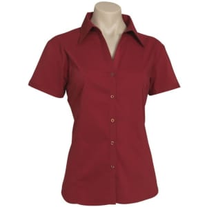 A red women's short sleeve button-up shirt displayed on a mannequin with a collar and buttons.