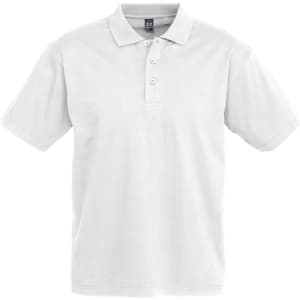 A white short sleeve polo shirt with a collar and buttons, featuring a logo on the chest.