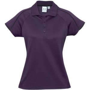 A women's short sleeve polo shirt in a rich purple colour with a collar and buttons, featuring a logo.