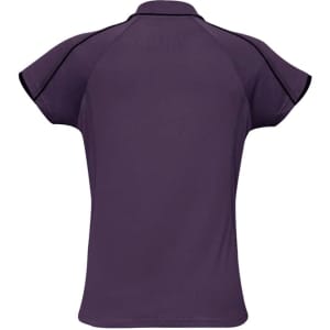 A women's short sleeve polo shirt in purple with contrasting black trim and a logo.