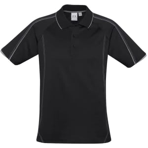 A black men's short sleeve polo shirt with contrasting stitching and a logo.