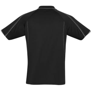 A black men's short sleeve polo shirt featuring a logo and contrasting stitching on the shoulders.