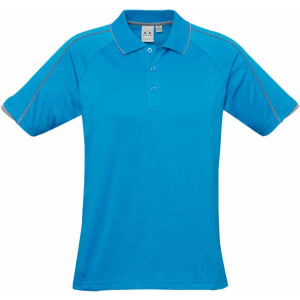 A short sleeve polo shirt in bright blue with contrasting accents and a logo on the chest.