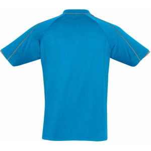 A short sleeve polo shirt in bright blue with a contrasting trim and a logo on the chest.