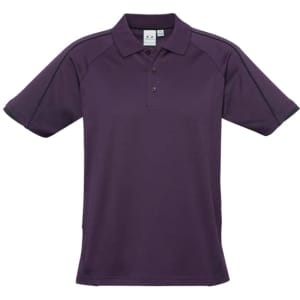A purple short sleeve polo shirt featuring a collar and a logo.