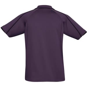 A purple men's short sleeve polo shirt with a regular fit and a back view, featuring a branding logo.