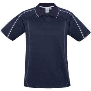A navy short sleeve polo shirt with contrasting stitching and a collar, featuring a logo.