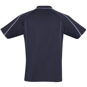 A navy blue short sleeve polo shirt featuring contrasting stitching and a logo on the chest.