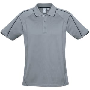 A grey men's short sleeve polo shirt with contrast piping and a logo.