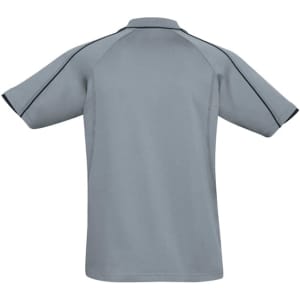 A grey men's short sleeve polo shirt with contrasting stitching and a collar, featuring a logo.