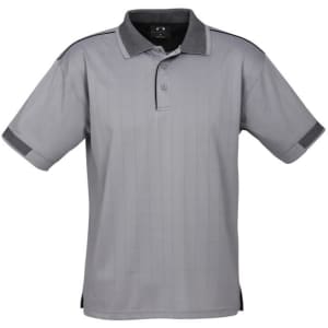 A grey short sleeve polo shirt with a collared neck and contrasting details, featuring a logo.
