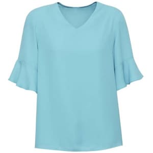 A light blue blouse with fluted sleeves and a V-neck design. The fabric appears smooth and elegant.